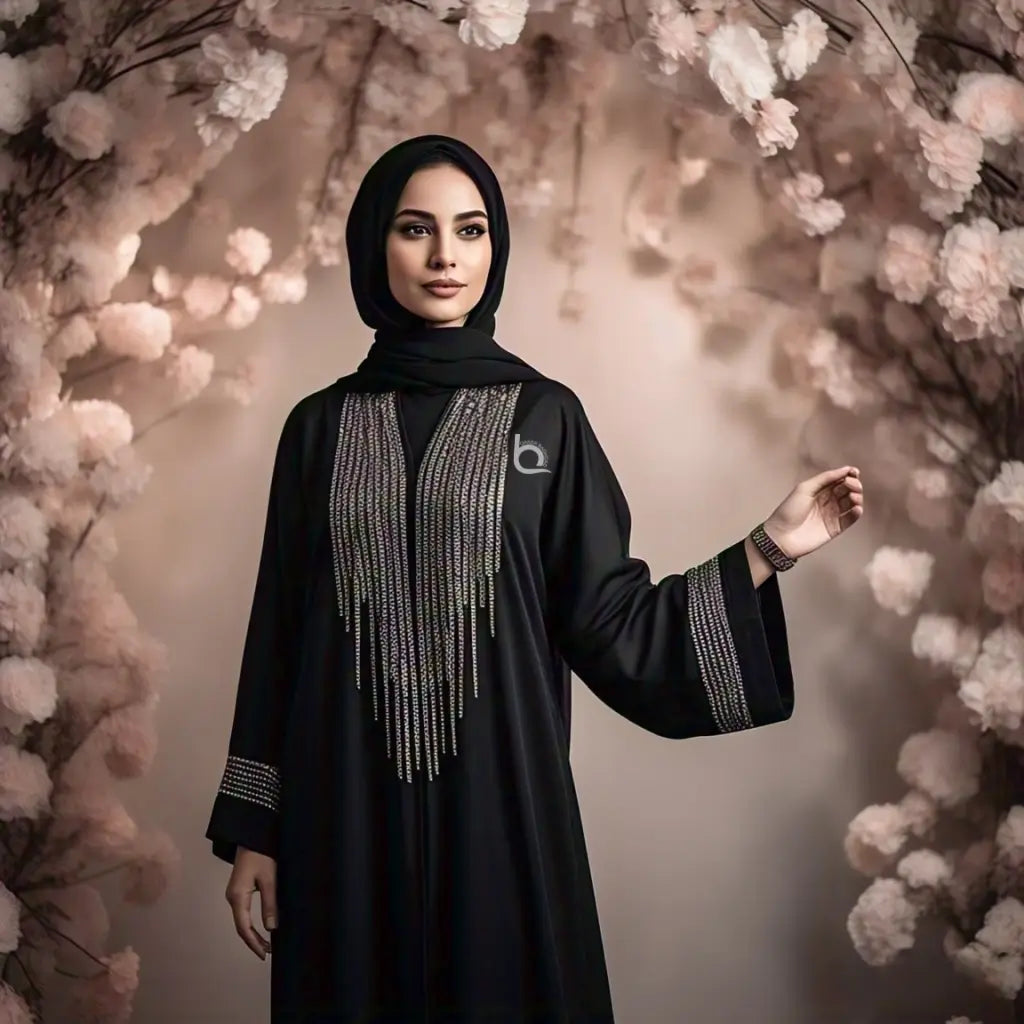 Women Black Abaya with Beads